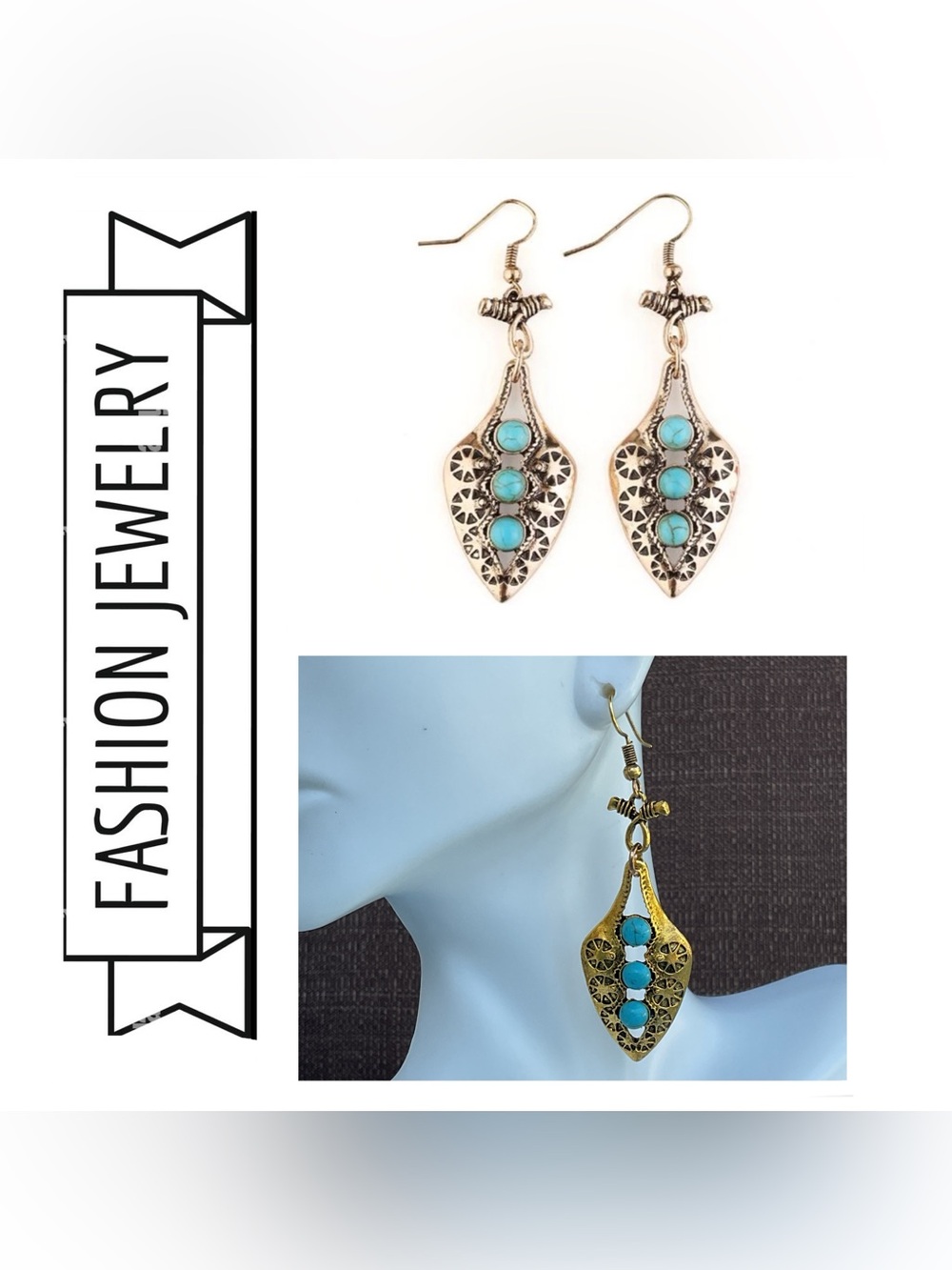 🌟🌟 Gold-Tone Filigree Drop Earrings with Turquoise Accents